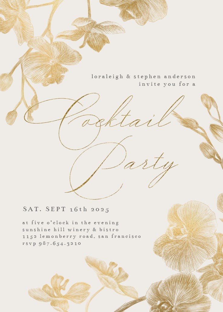 Gold orchids - cocktail party invitation
